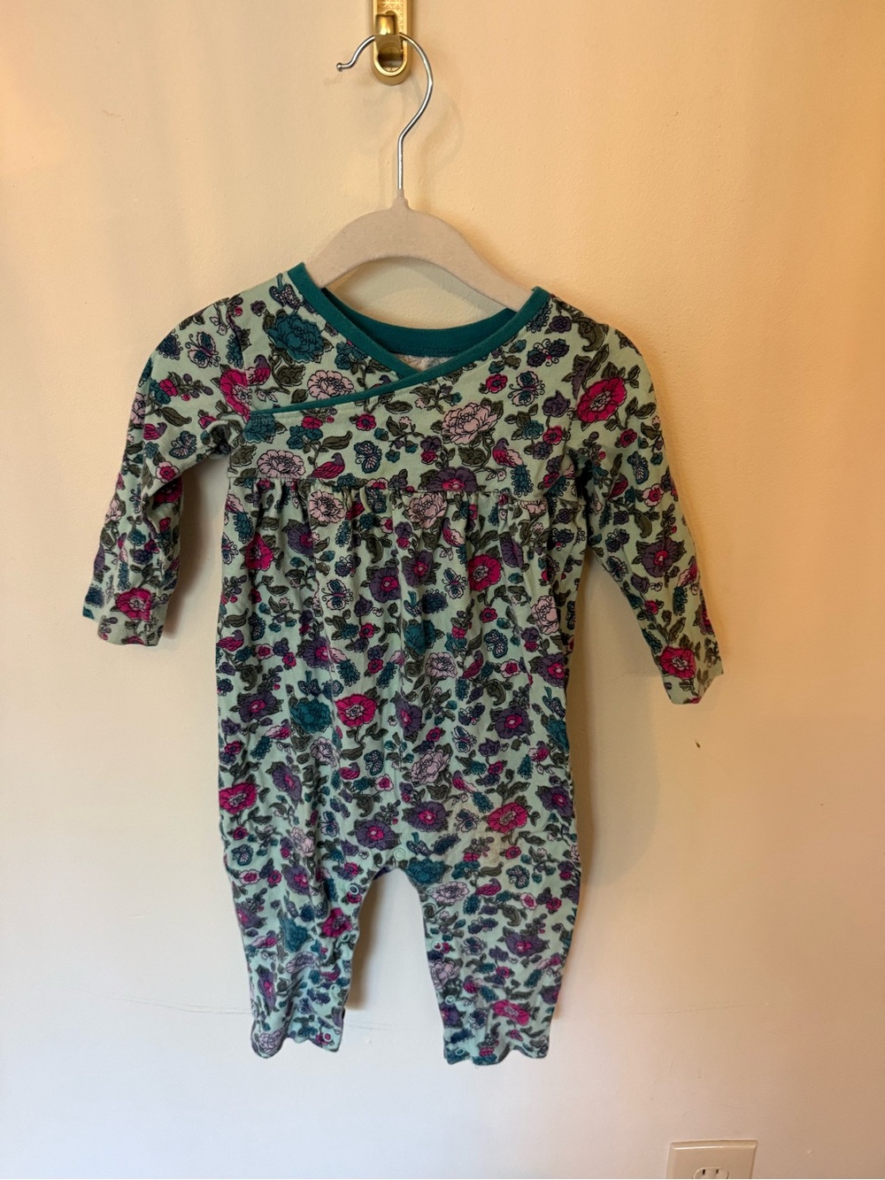 Tea Collection Floral Wrap-Front Long-Sleeve One-Piece in Teal and Pink